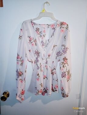 Soft & Flowy Floral V-Neck Smocked Blouse - White with Pink & Green